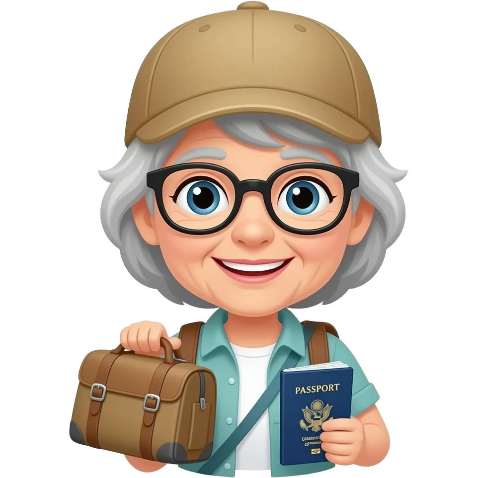 grandma traveler with cap with travel bag and passport emoji