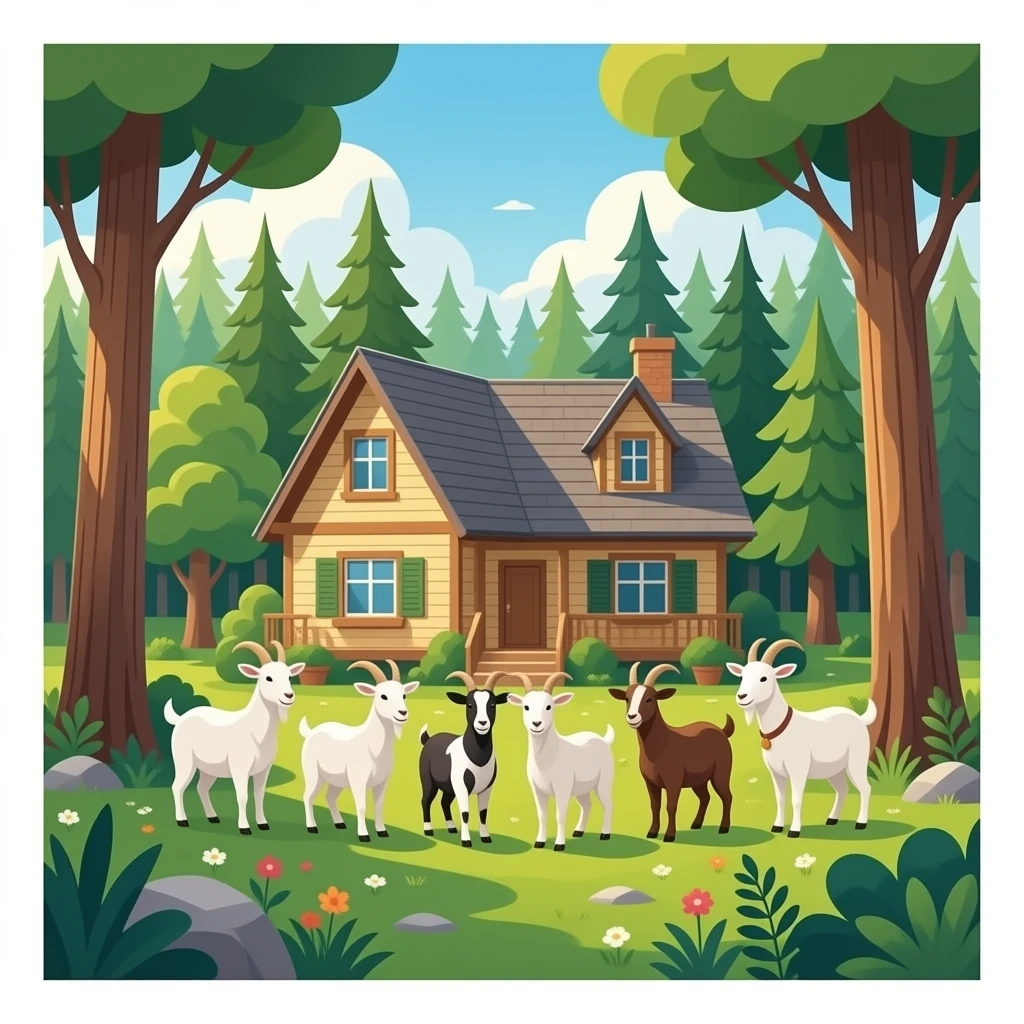 Hazme una casa grande donde viven unas 8 cabras dentro de la casa. La casa esta  por en medio del bosque. Una casa acojedora y bonita ,que el bosque este llendo de animales bonitos i mucha natrualeza que toque un bastante los rayos de sol emoji