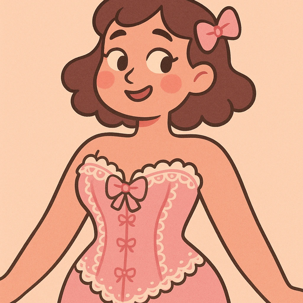 a pink lacey coquette corset, vintage-inspired, with intricate lace and bows, soft pastel style emoji