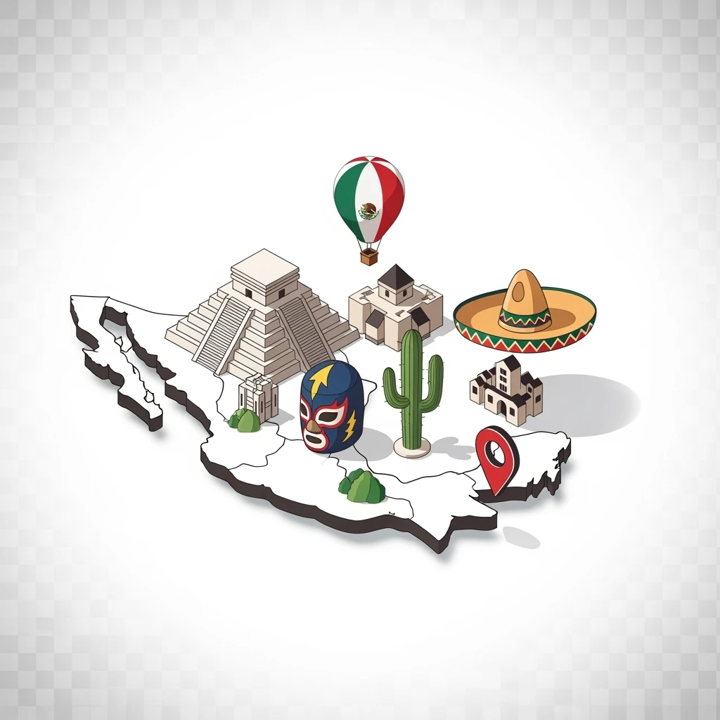 Isometric minimalistic illustration of Mexico subtle 3D miniature effect and Tilt Shift effect, no cartoonish look, transparent background. emoji