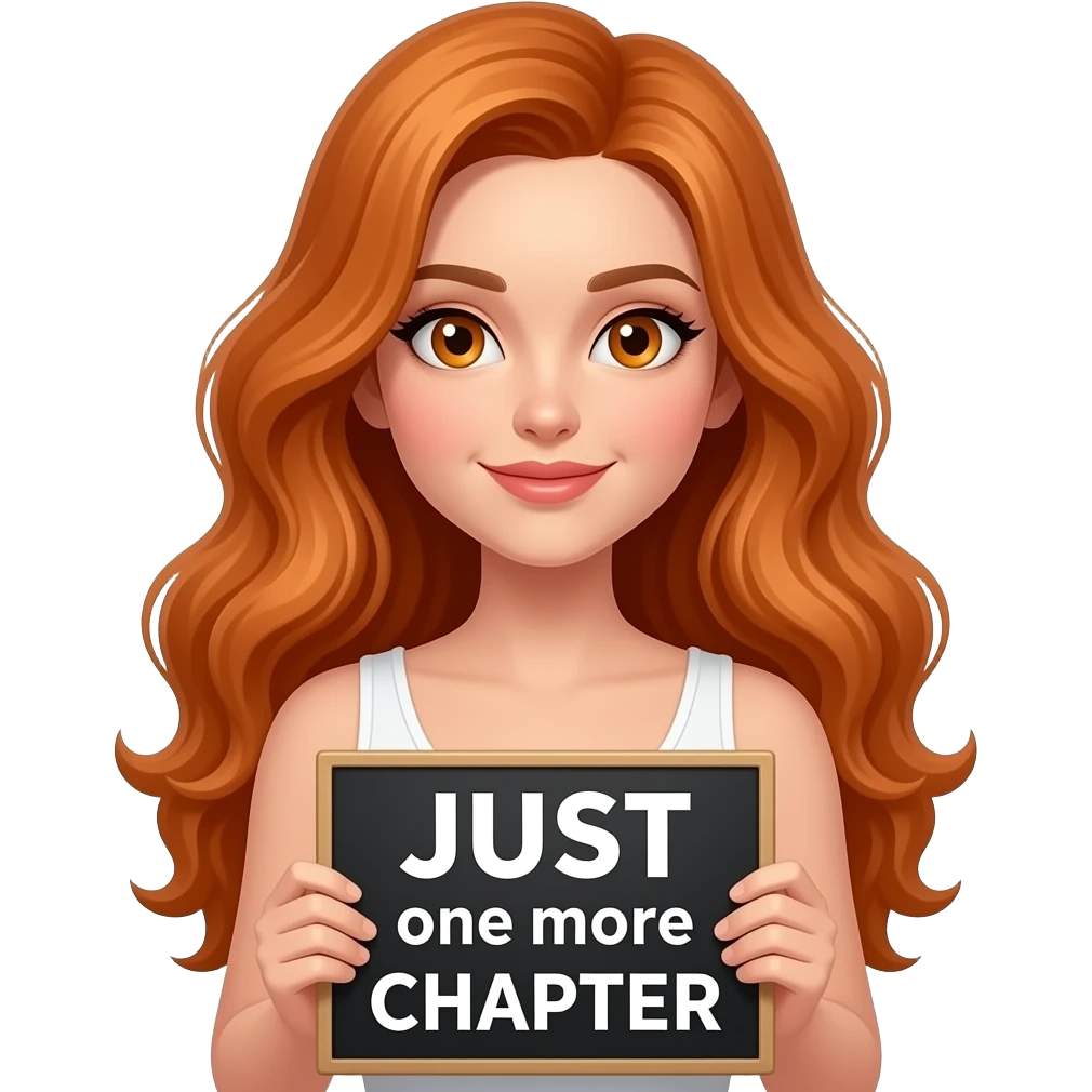 sexy girl with long wavy ginger hair and ginger eyes wearing a white tanktop is holding a black colored sign with JUST one more CHAPTER written on it emoji