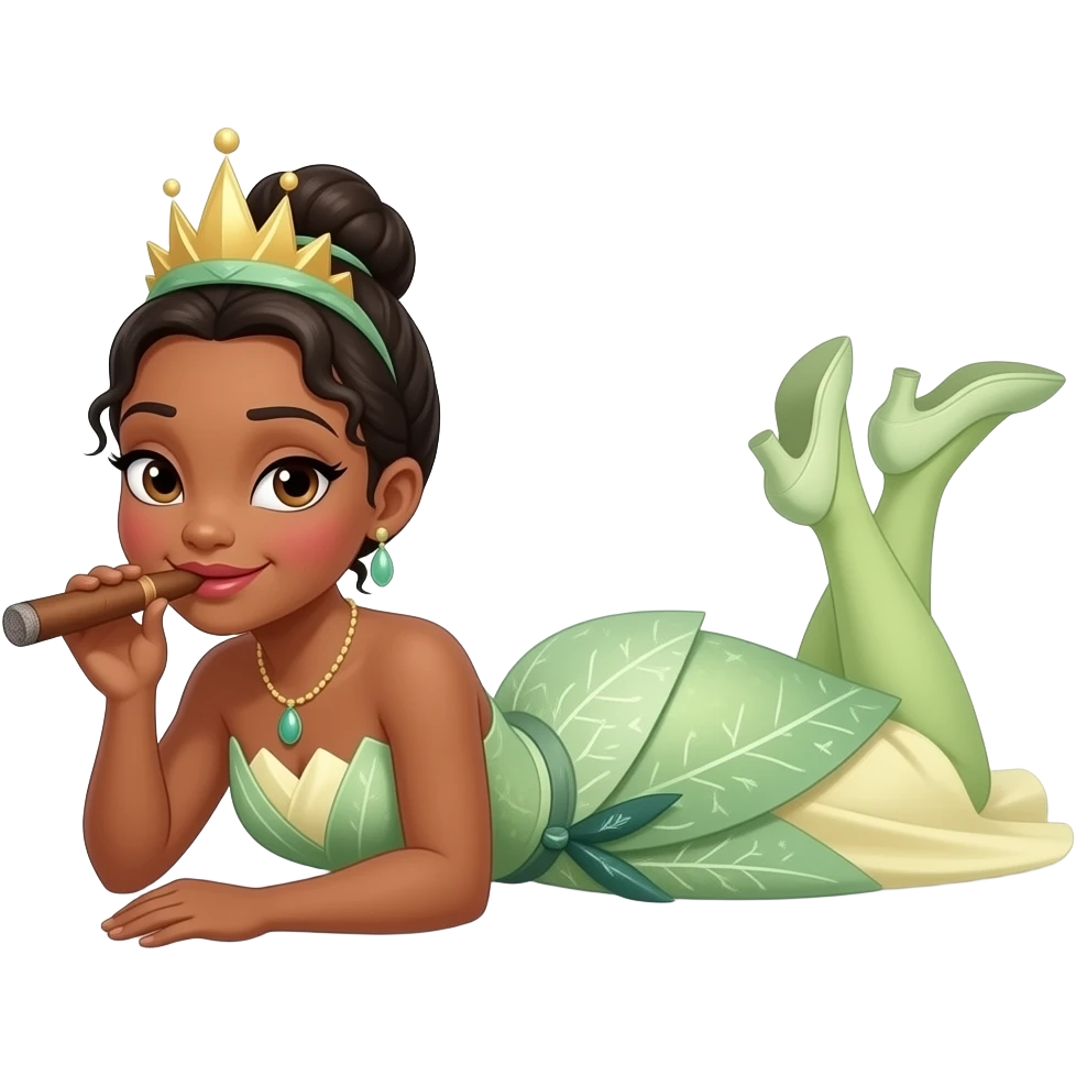 Princess Tiana, lying down, on her stomach, with her legs bent, smoking a cigar emoji