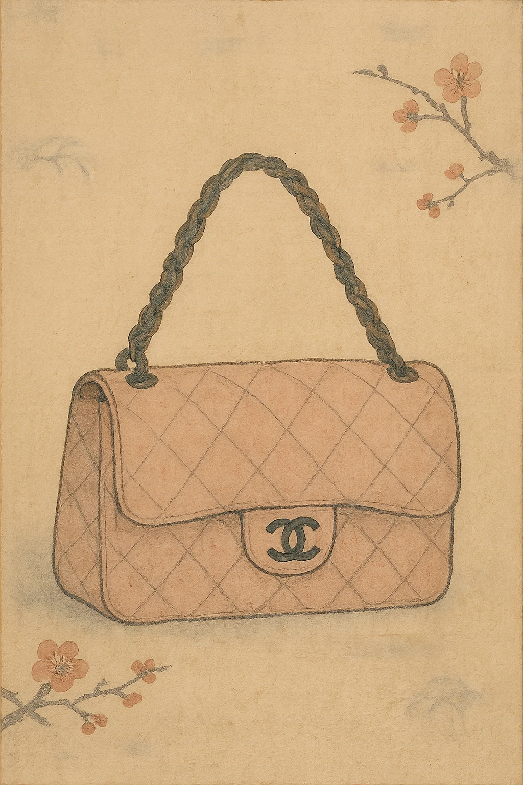 a pink Chanel purse, traditional Japanese painting, elegant and detailed emoji