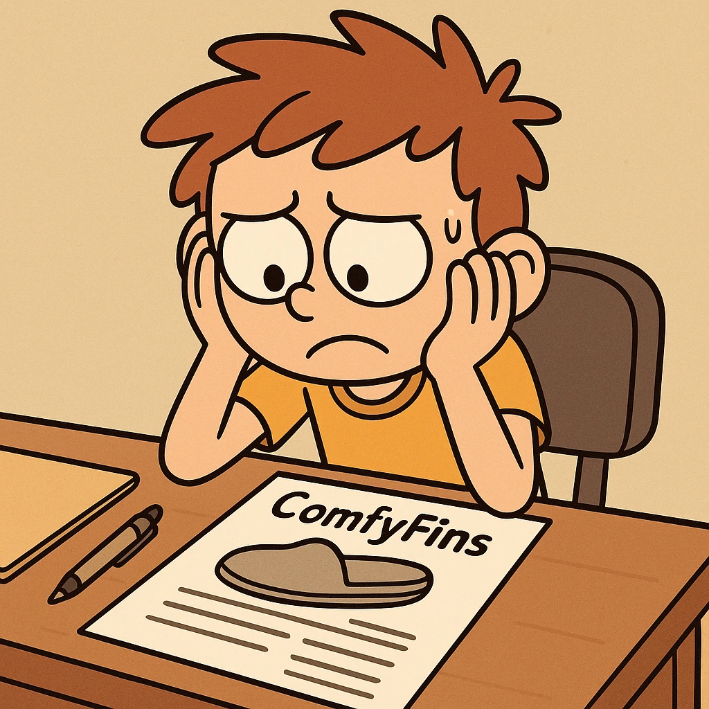 child entrepreneur, sitting at a desk with ComfyFins paperwork, head in hands, cartoon style emoji