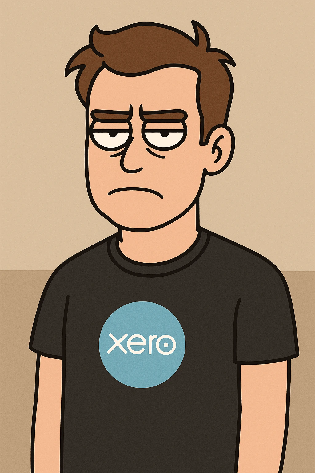 cartoon style man with brown hair, no beard, no glasses, wearing a black Xero software company t-shirt, looking unamused emoji