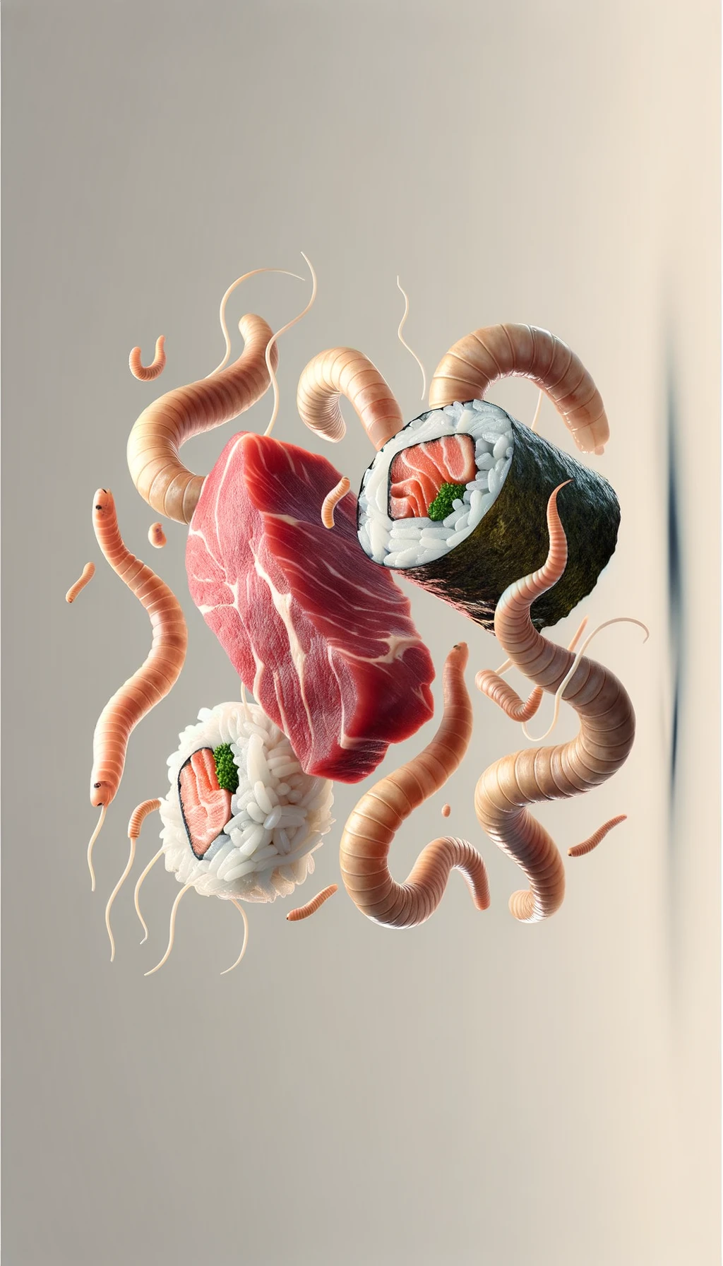 carne cruda fluttua insieme a sushi, intorno a loro fluttuano vermi lunghi e beige chiaro, sfondo neutro chiaro, iperrealistico 4k emoji