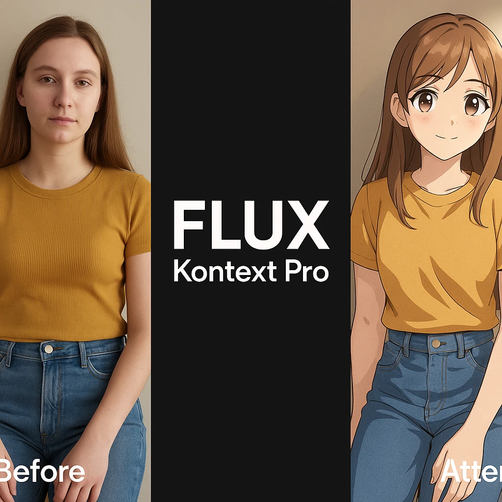 create before after image of a girl before is realsitic photo, after is anime version of her in same pose and clothes, add logo with text of a "FLUX Kontext Pro" in middle in big, black background emoji