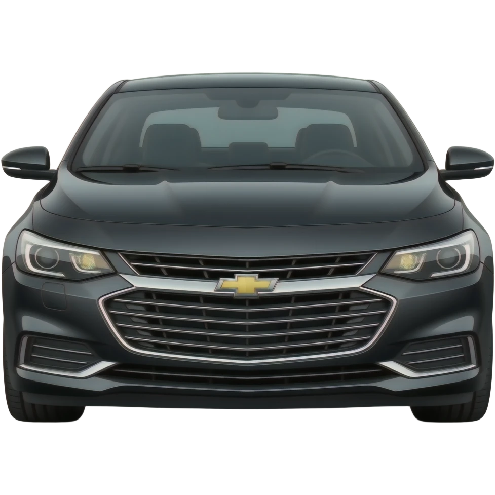 A realistic, high-detail photograph of a glossy black Chevrolet Malibu 2 Turbo Premier sedan with tinted windows, headlights on the front and black alloy rims. emoji