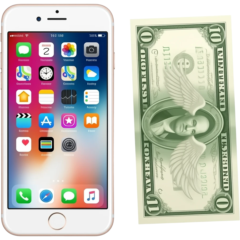 The front of a white iPhone, with a banknote featuring wings placed next to it emoji