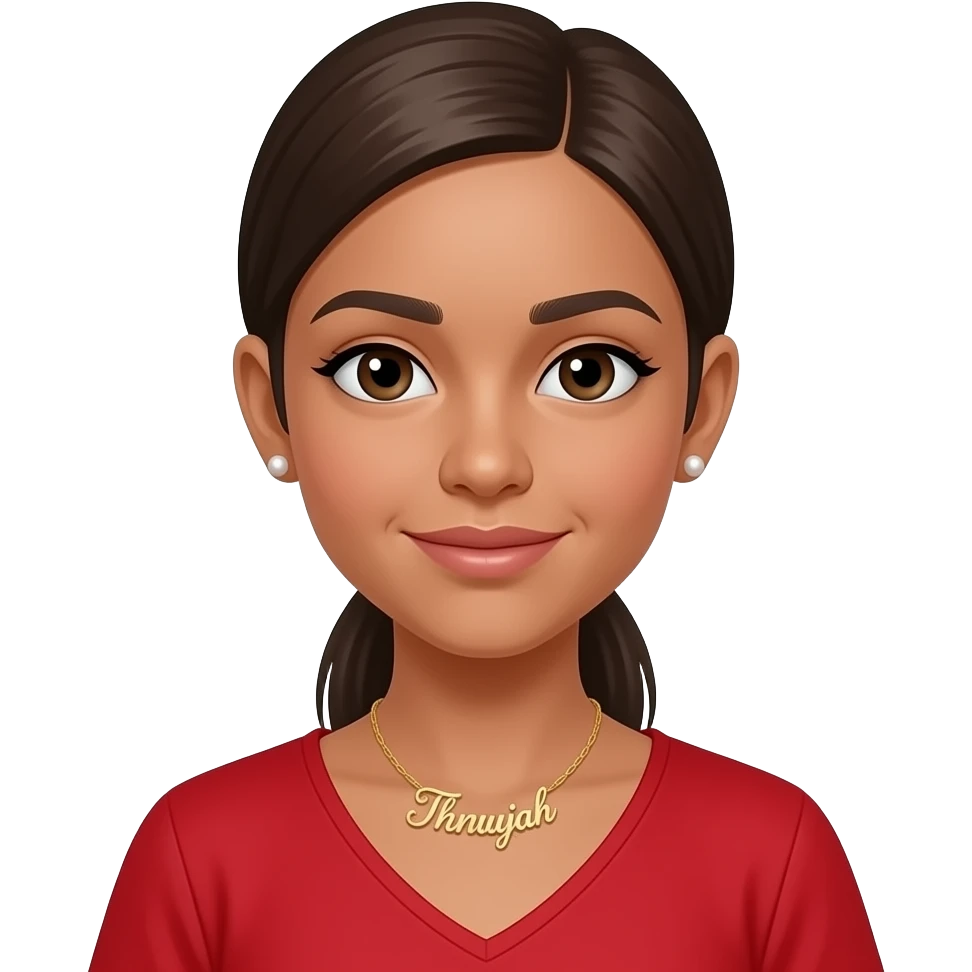 Make a girl that looks real and not 100% AI generated. A girl with light brown skin with low ponytail put it in front. She has pearl earrings and a necklace that says ‘Thenujah’ in cursive gold. She is skinny make her face a v shape. She is wearing red. She is 12 years old. emoji