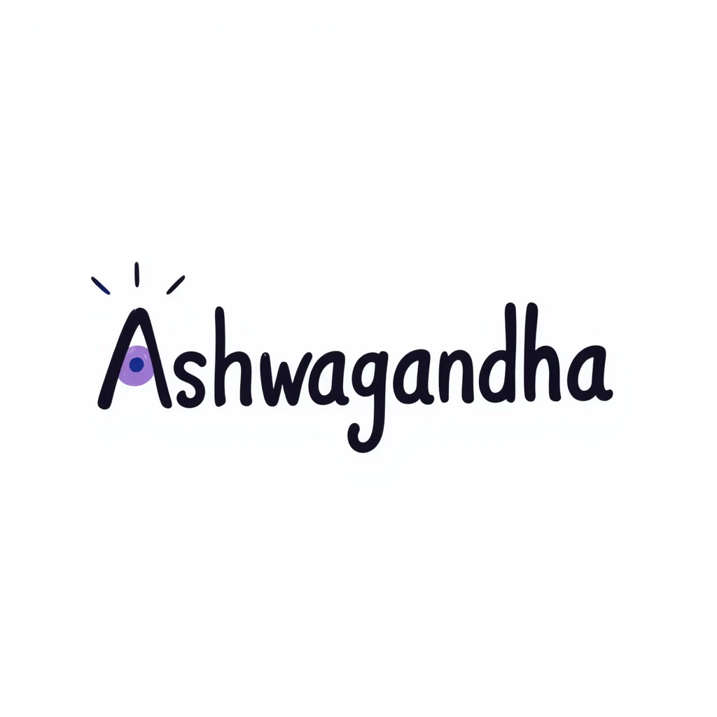 The word "Ashwagandha" hand-drawn in a cool blue and purple color palette. Simple doodle style with minimal decoration. emoji