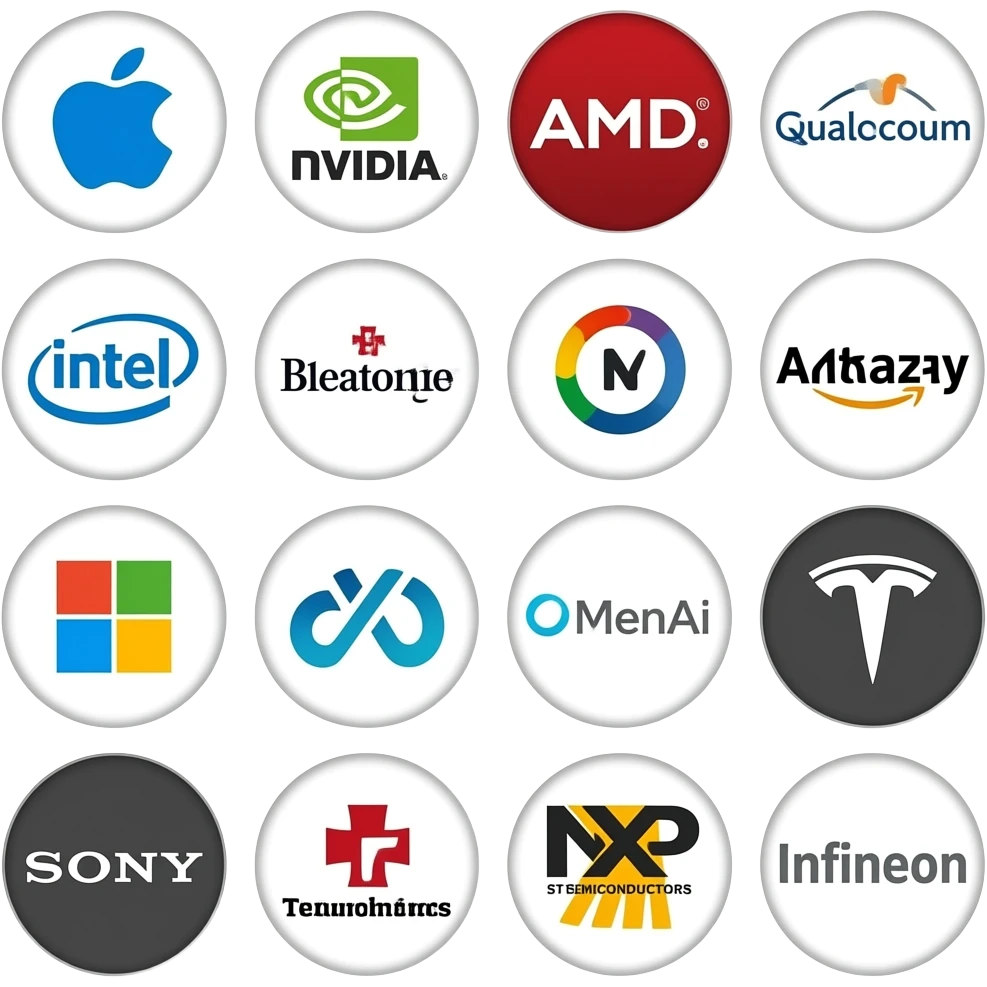 нарисуй логотипы в блых кружочках Apple  Nvidia  AMD  Qualcomm  Intel  Broadcom  MediaTek  Google  Amazon  Microsoft  Meta✴  OpenAI  Tesla  Sony  Texas Instruments  STMicroelectronics  NXP Semiconductors  Infineon emoji