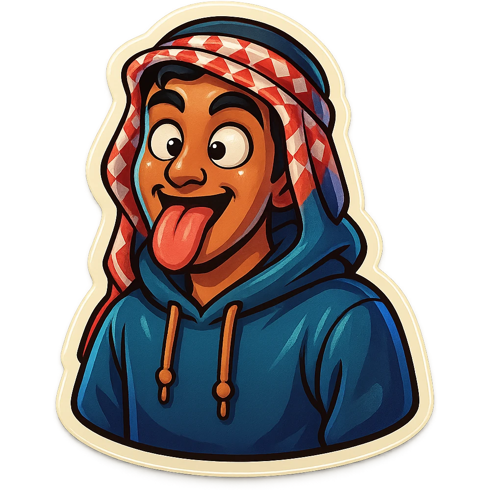 cartoonish, bold, vibrant emoji-style sticker of Ara, an Arab young man with medium brown skin, black hair, wearing casual urban Middle Eastern streetwear like a keffiyeh scarf or hoodie, sticking out his tongue playfully with crossed eyes emoji