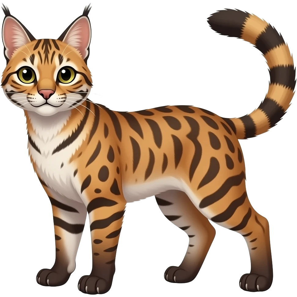 Tribal-Patterned vernid-Civet-Genet-Bobcat-Caracal-Serval-animal-hybrid-mix fantasy creature LiLaiRa Kamirah Falvie whiskers paws full body gradient stripes tufted tail feline emoji