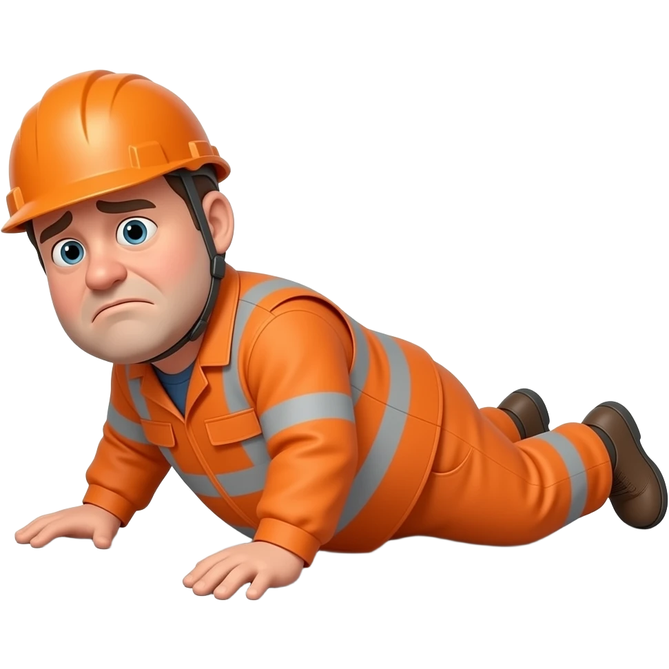 fat MAN IN ORANGE HIVIS OVERALLS, no helmet, not happy, laying face down on floor, side view emoji