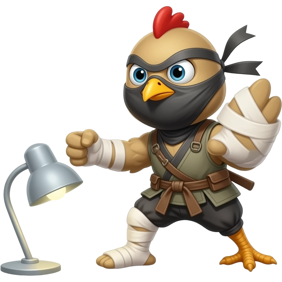 Ninja Chick with wing bandage fights with lamp with leg cast emoji