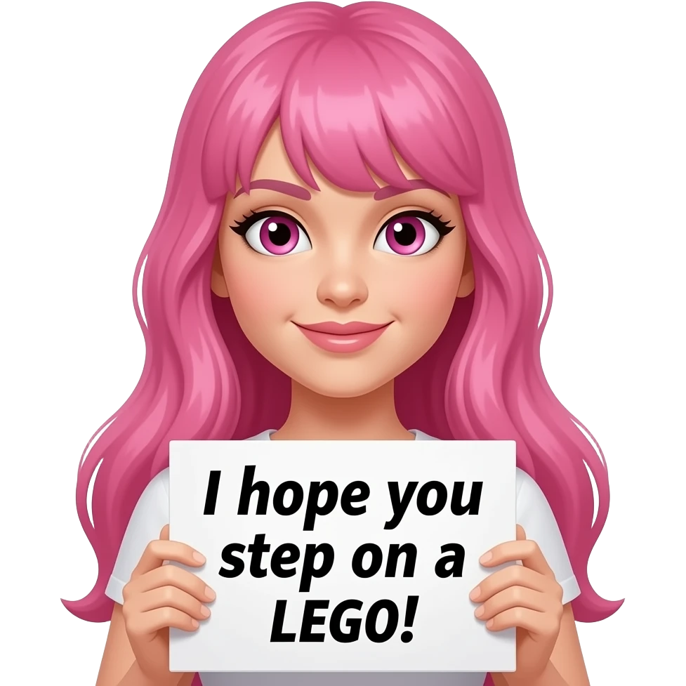 sexy girl with long pink hair and pink eyes holding a I hope you step on a LEGO! sign emoji