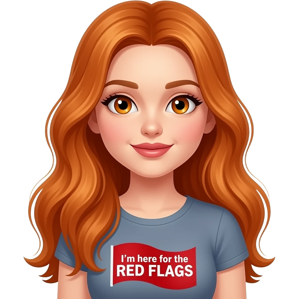sexy girl with overlong ginger hair and ginger eyes a top with I'm here for the RED FLAGS written on it emoji
