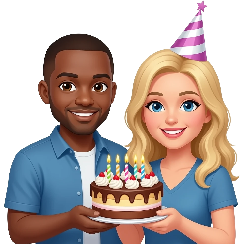 Black man with shaved head and blonde woman having cake emoji