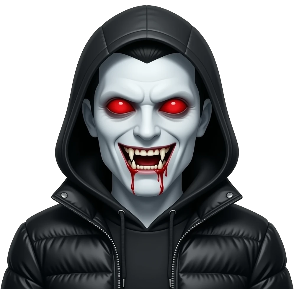 create a picture of a white pale vampire with full red sclera with no pupil and long fangs and bloody mouth and full black moncler jacket closed and wearing the hoodie on his head up- make his scary emoji