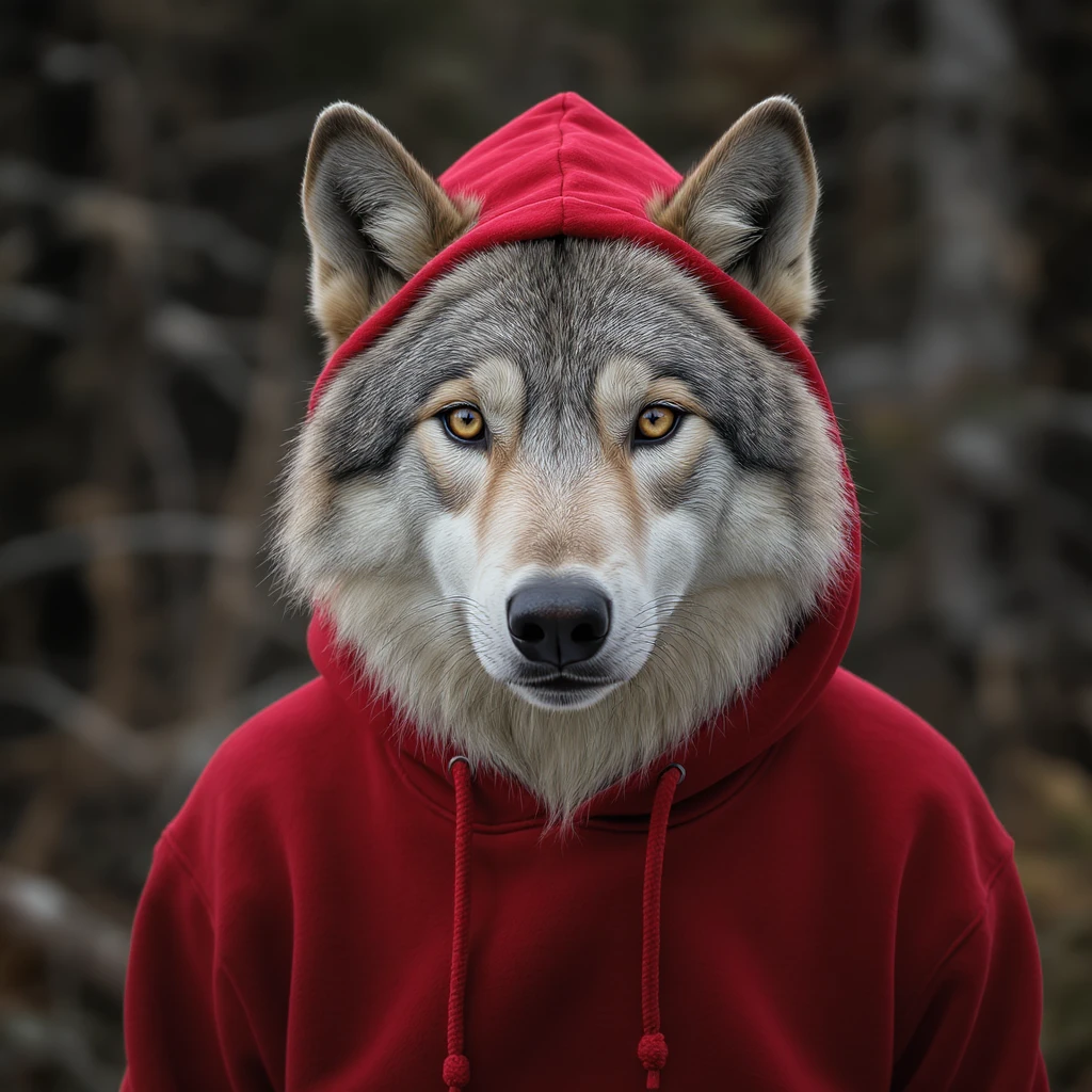 realistic white wolf with a red hoodie, soft lighting, naturalistic background emoji