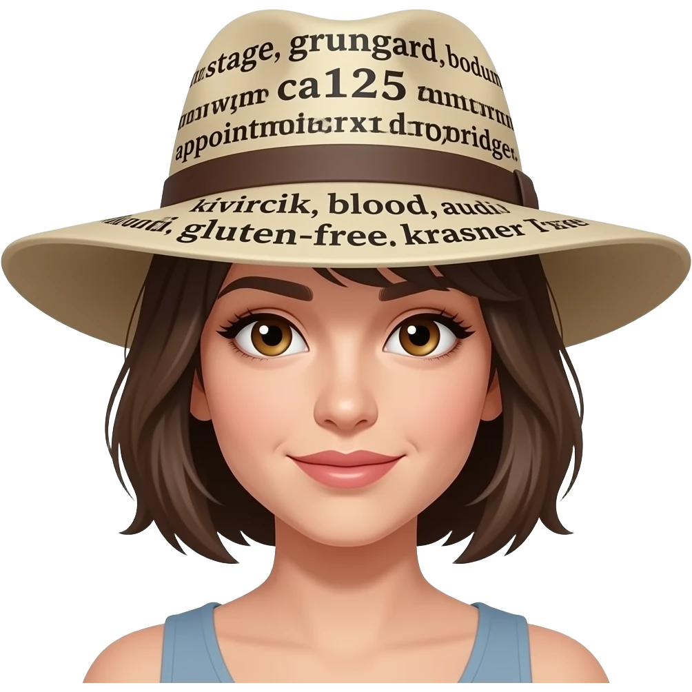 make eyes less big, hair shorter, can you make a big hat on her with these words easily readible: stage, grungard, bodrum, ca125, appointment, cambridge, audi, kivircik, bodrum, blood, texas, gluten-free, krasner emoji