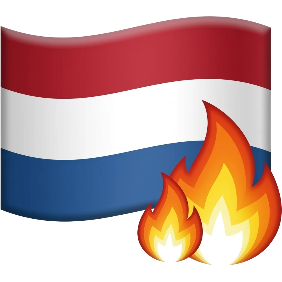 dutch flag  with two small fire emjoies next to each other overlaping, one fire emojy bigger than the other on top of the flag in the right bottom emoji