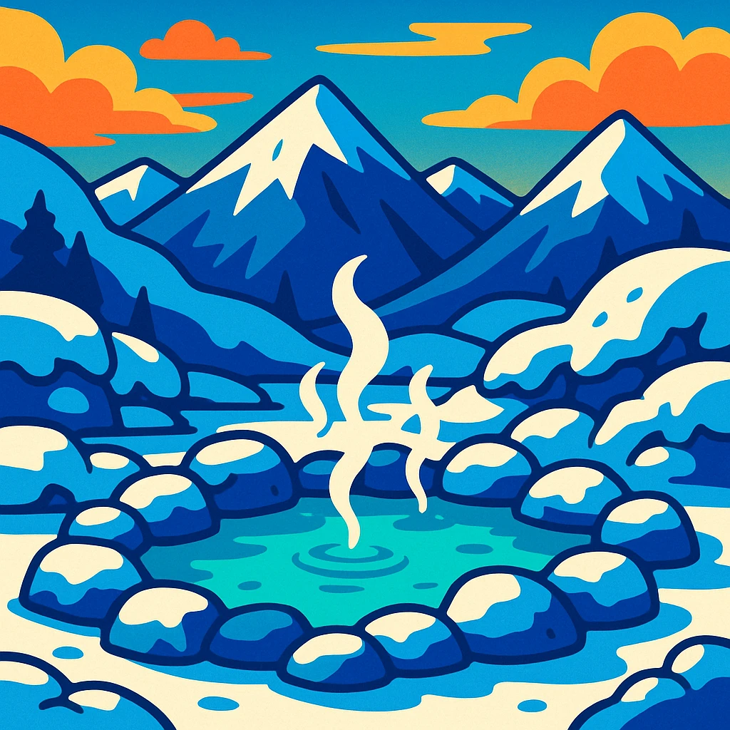 a cozy hot spring nestled in snowy mountains, steam rising, snow-covered rocks, tranquil atmosphere, vibrant toon style emoji