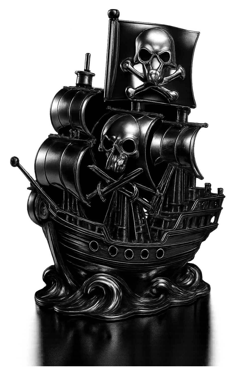 Make the flag's emblem on the pirate ship look much more like the provided skull and crossed bones: a realistic animal skull with open mouth and two curved bones crossing behind it, all in chrome. Preserve the chrome ship and night scene. emoji