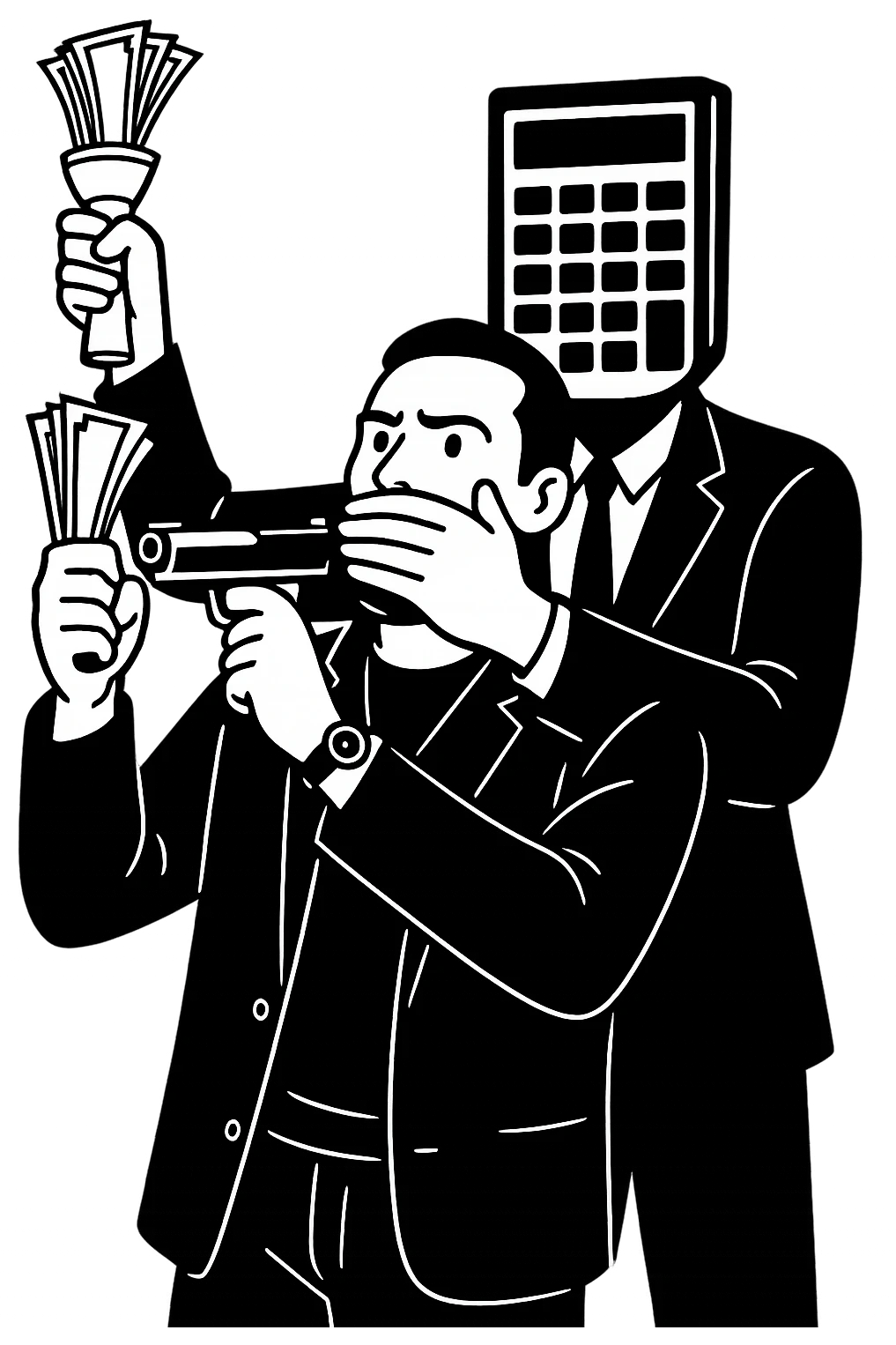 Используя такую стилистику и точно такого же героя, сгенерируй картинку. На ней позади героя стоит фуруга, у которой вместо головы калькулятор, она приставила к виску героя пистолет, а другой рукой закрывает рот героя, прозрачный фон emoji