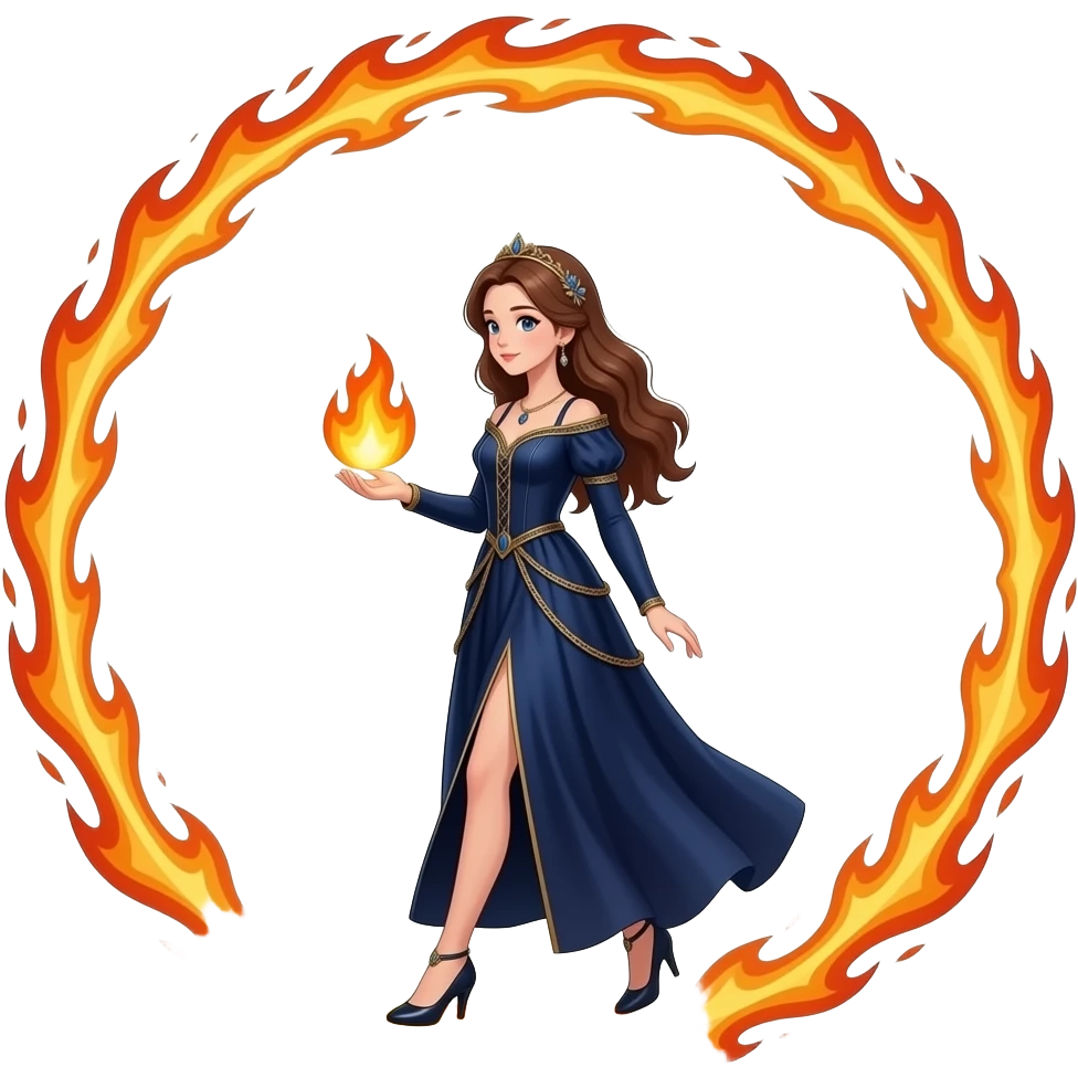 cinematic realistic - an elegant mystical girl in a long dark blue dress carries a small flaming globe in her hand and walks through a huge flaming ring emoji