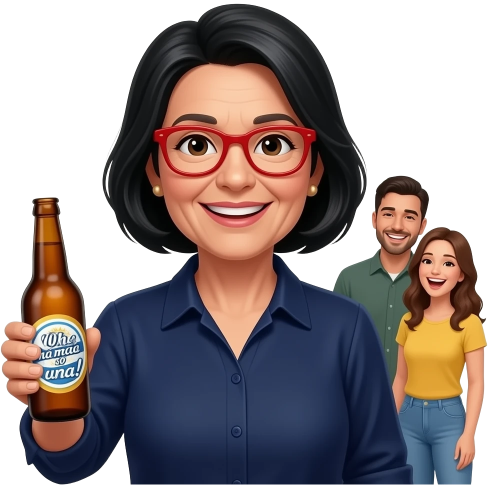 mulher, 60 anos, cabelo preto, olhos pretos , de óculos vermelhos, blusa azulão escuros, a segurar garrafa de cerveja com logo a dizer "Oh mãe, há só uma!" em português. No fundo, a rirem-se muito, homem 30 anos, cabelo escuro, mulher 25 anos cabelo castanho. emoji