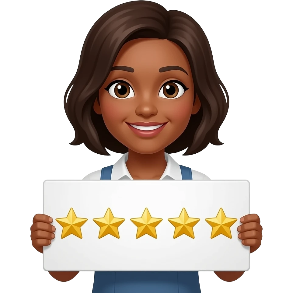 Holding up a sign with 5 stars a brown women emoji