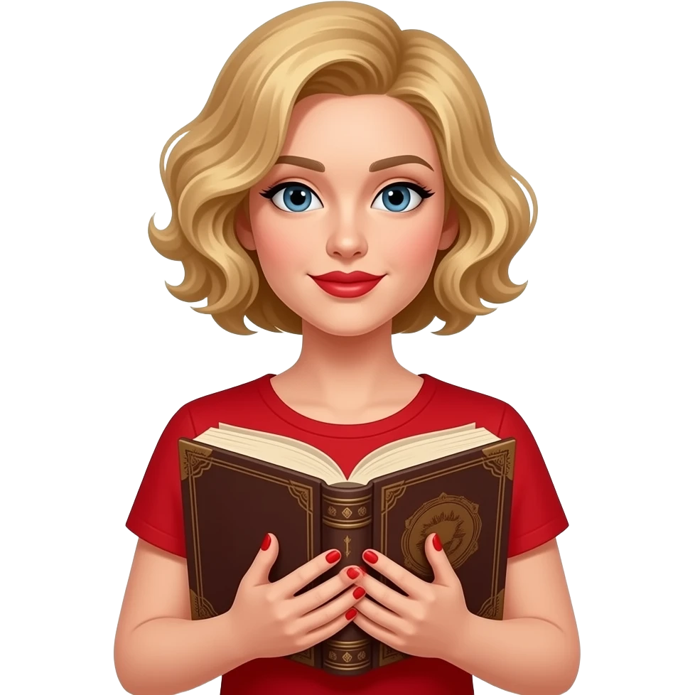 short blonde curly hair side swept bob holding a brown antique book in hands with red finger nails, red short sleeve shirt and red lipstick emoji