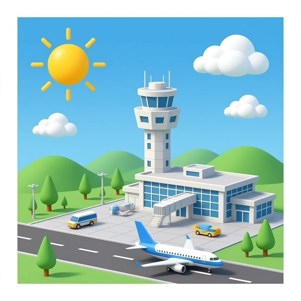 average 3D airport with planes and ATC tower with no background emoji