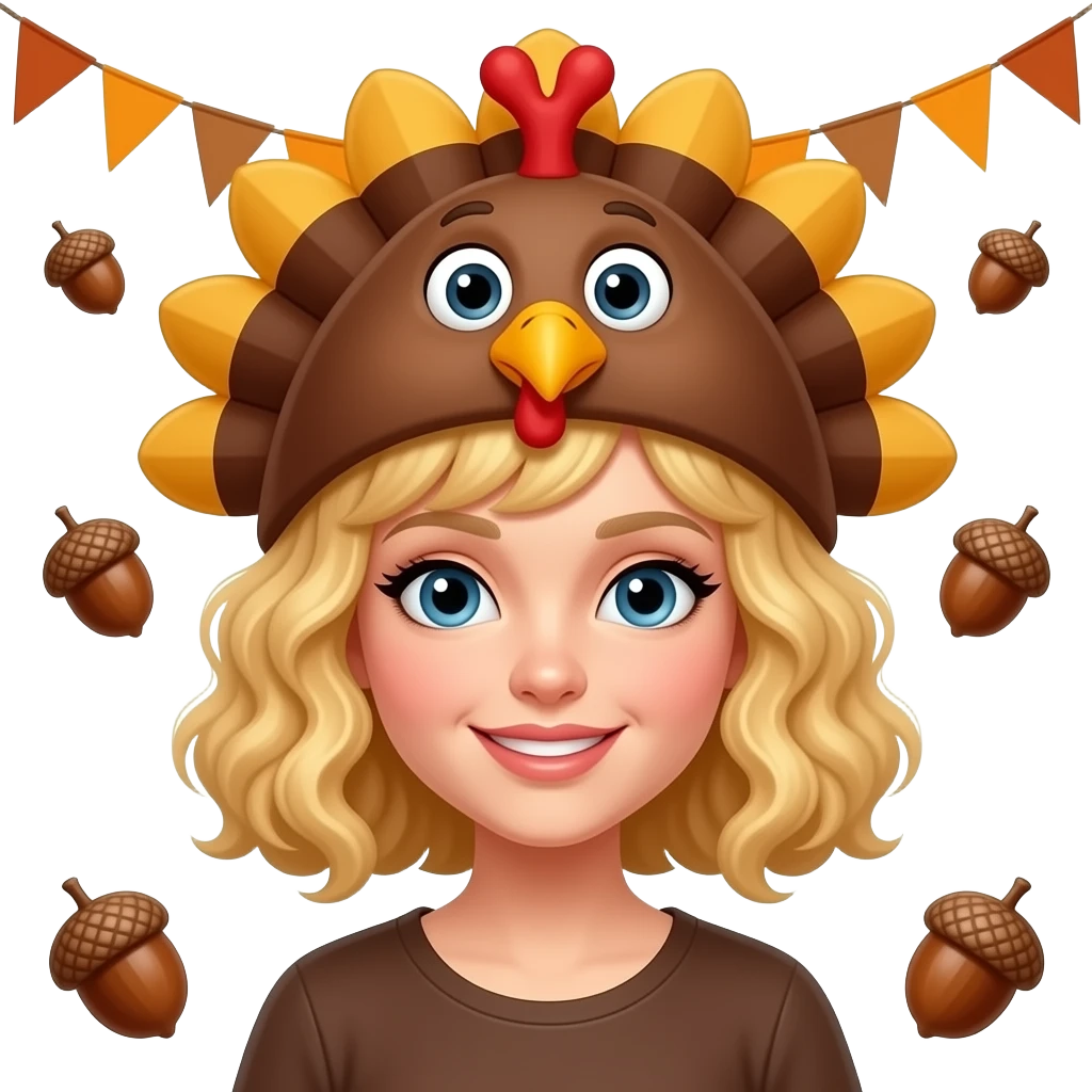 blonde tight curly hair in a short bob Happy Thanksgiving banner and a turkey hat and acorns around emoji