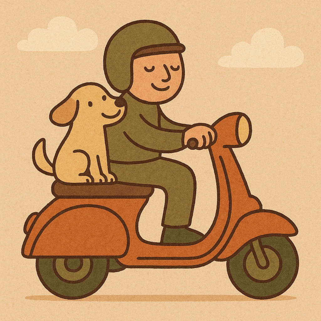 man and his pet dog riding a vespa emoji