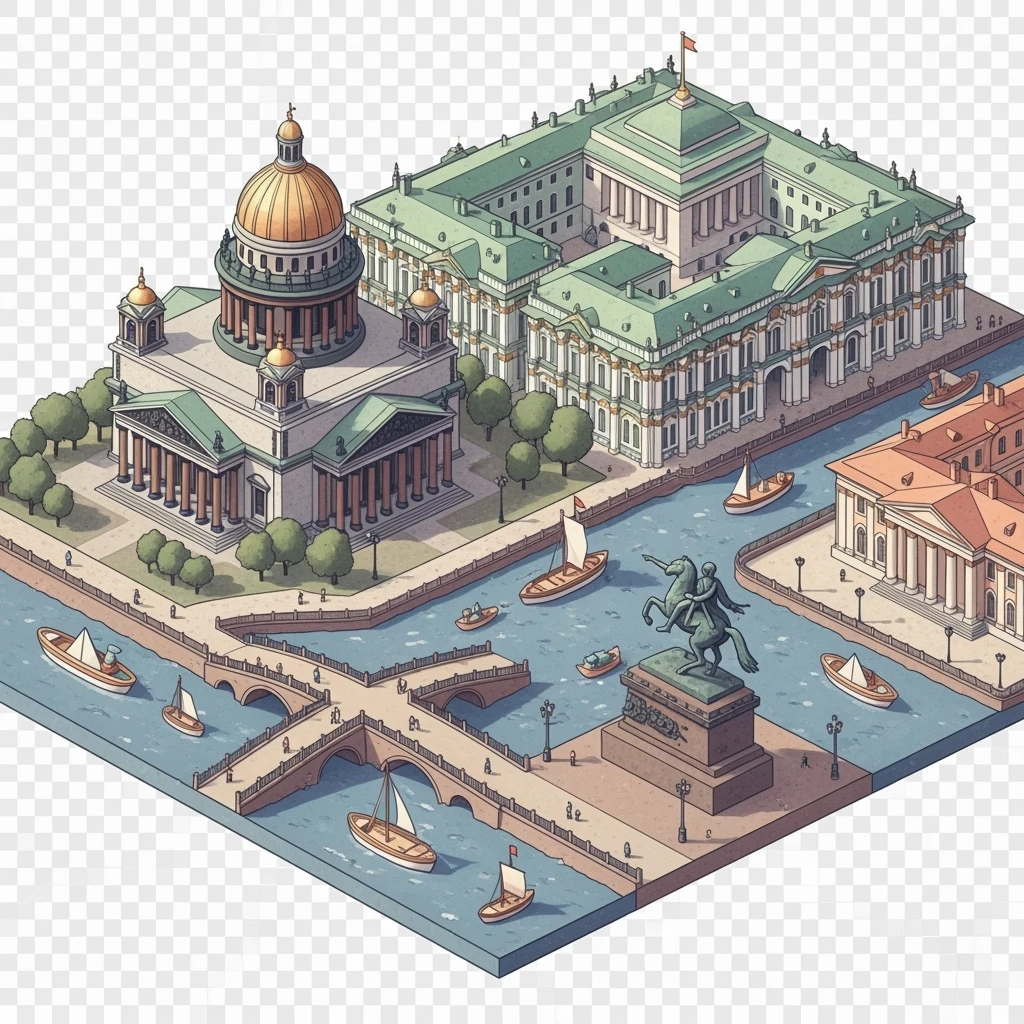 Isometric illustration of Saint Petersburg with the Saint Isaac’s Cathedral, the Winter Palace, and the Bronze Horseman statue and canals, toy boats and bridges, in pastel miniature diorama style, transparent background emoji