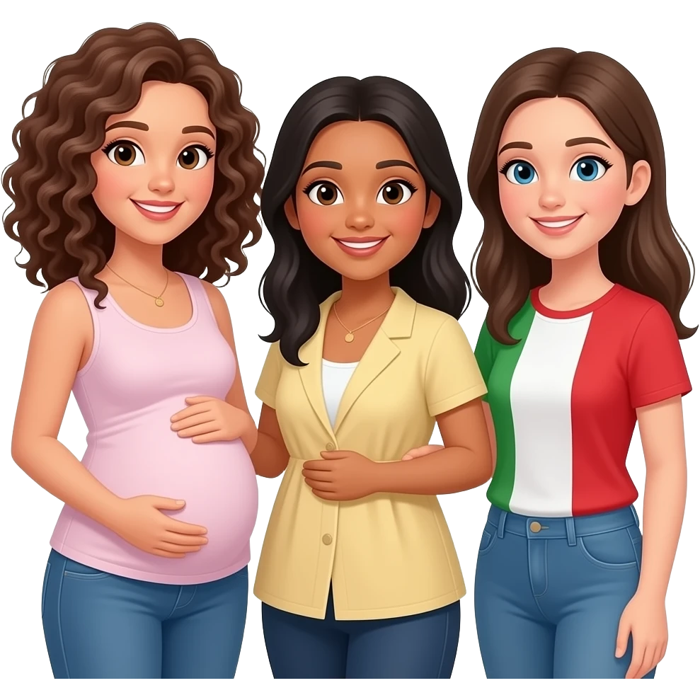3 girl friends: 1 tall curly hair, 1 pregnant brunette American/latino, 1 brunette Italian emoji