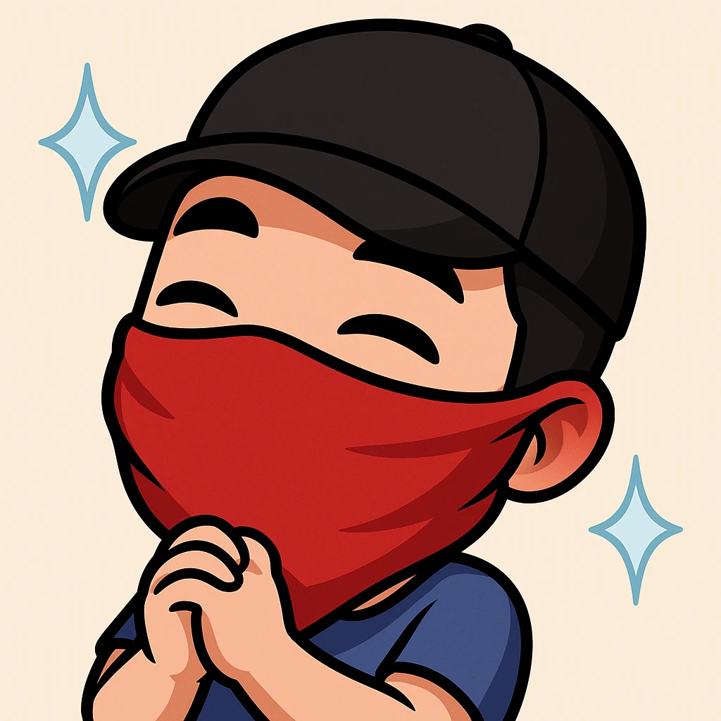 Edit the cartoon style emote of the guy to have him wearing a red bandana covering his face and a cap, keeping the same cartoon style and expression. emoji
