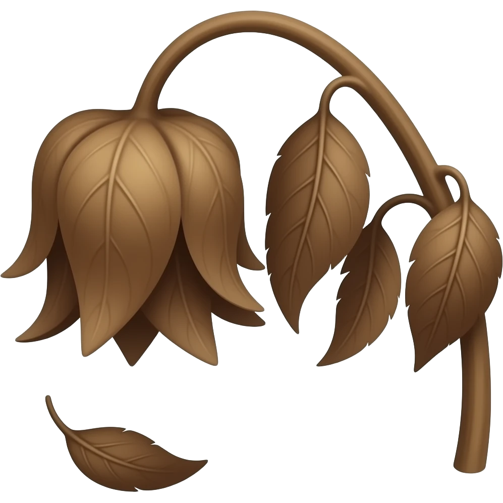 Wilted dead dark brown plant from the ground with leafs hanging and a leaf falling to the ground emoji