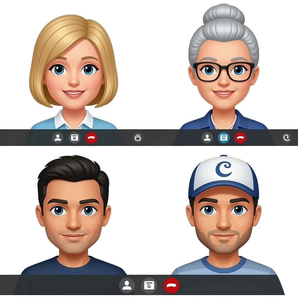 virtual meetings with computers amongst 4 teammates: 2 girls (1 blonde, 1 ash gray with updo and black-framed glasses), 2 guys (1 with black hair, 1 with ballcap) emoji