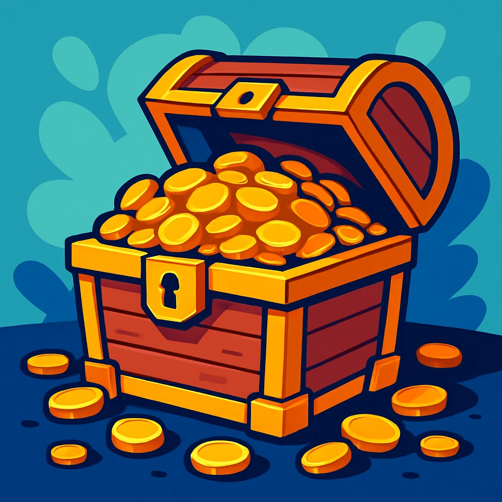 a treasure chest overflowing with gold coins, vibrant cartoon style emoji