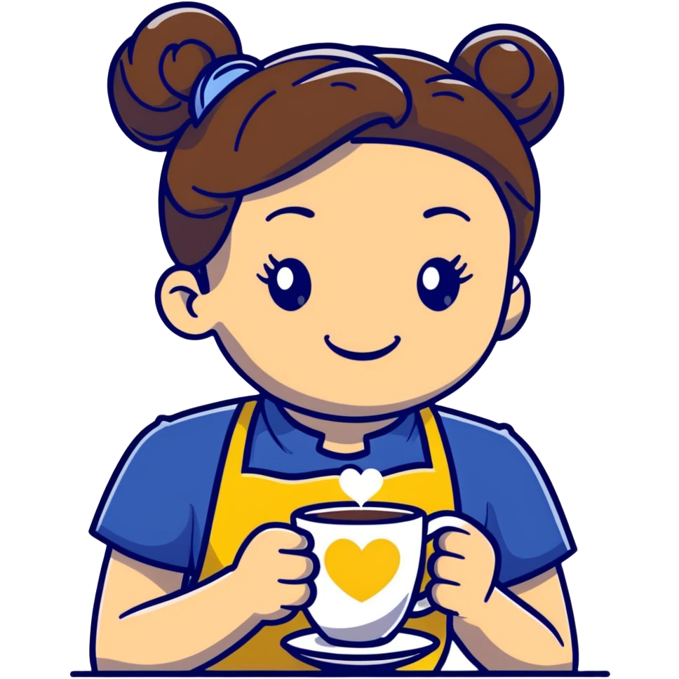 Cute brunette barista girl with hair in a bun wearing yellow shirt and dark blue apron, she's relaxed and making heart-shaped latte art, smiling at the coffee cup with a heart design in the foam emoji