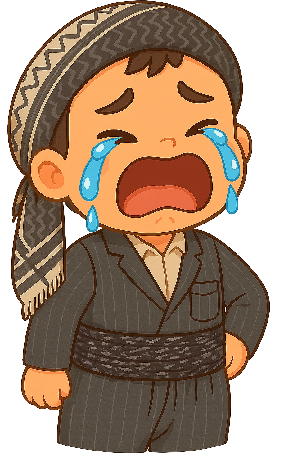 Cartoon Kurdish child sticker with the same clothes and scarf as the reference image (no changes to clothes and scarf), sad face with crying expression, colorful and cheerful style, no text, suitable for WhatsApp and Instagram, transparent background. emoji