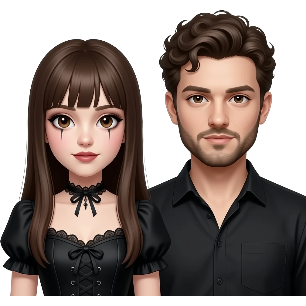 realistic pretty pale skin long straight brown hair girl brown eyes long face wearing gothic dress and gothic makeup HD and her man short brown curly hair and beard emoji
