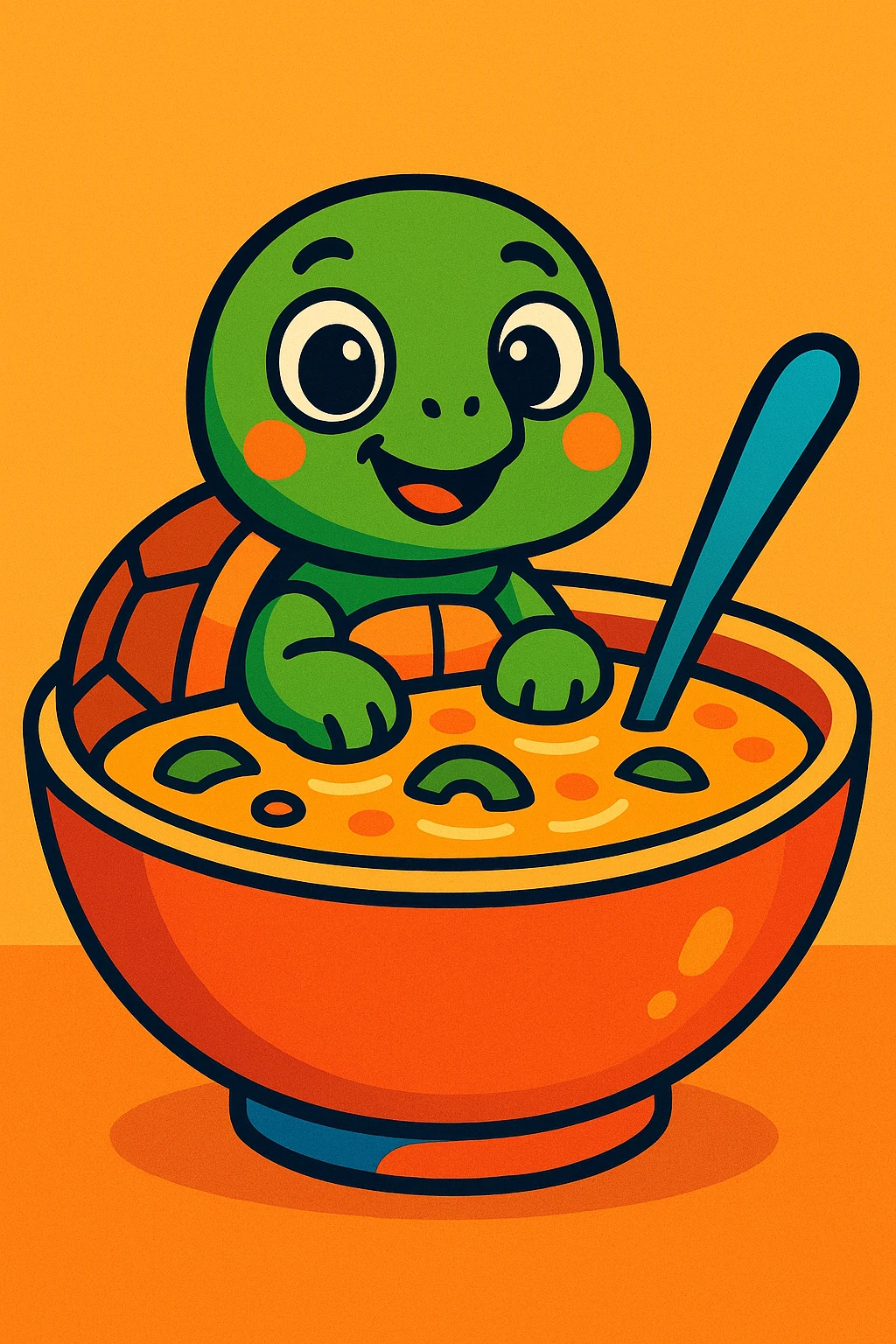 a cartoon turtle sitting in a soup bowl, playful and cute, bright colors emoji