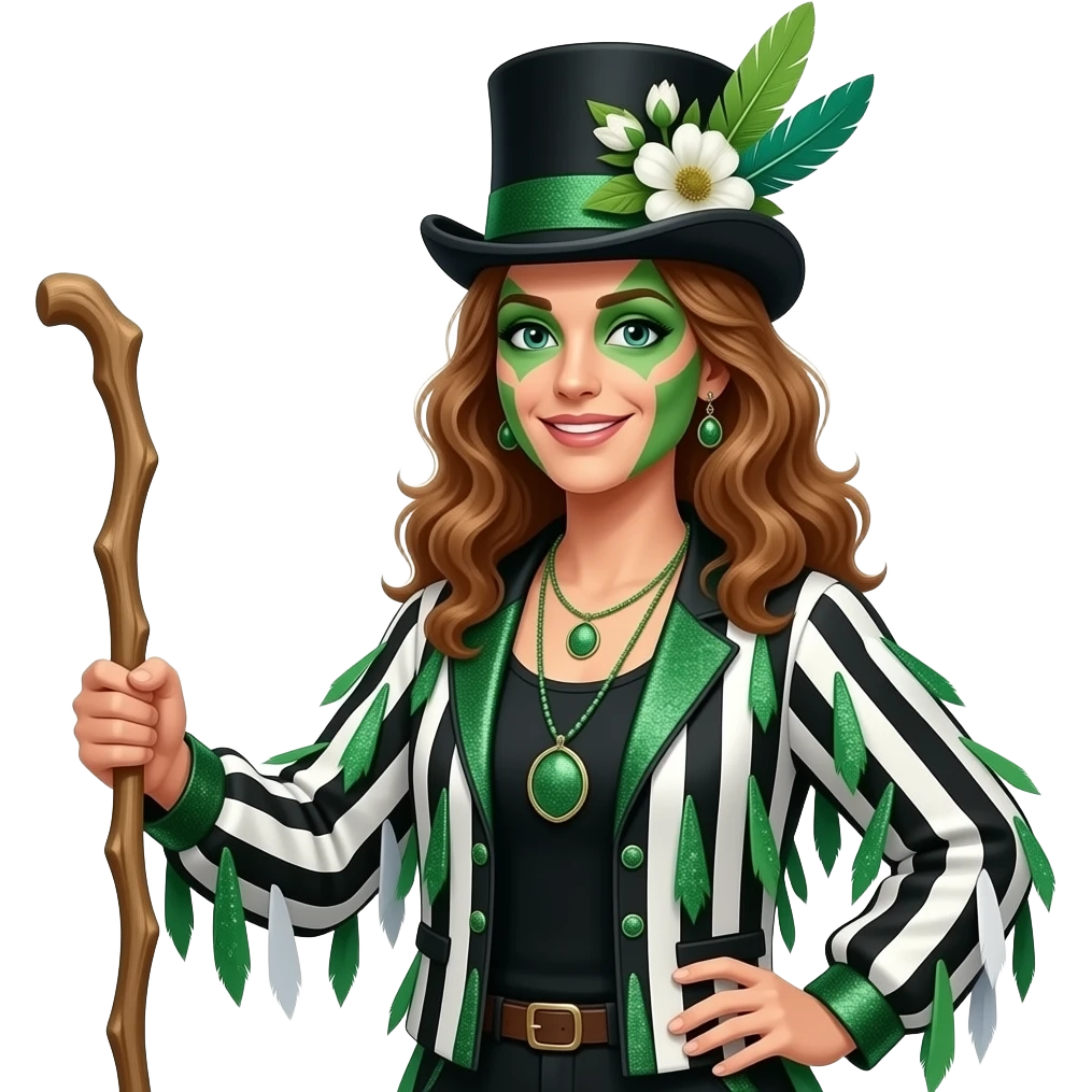 Female Morris dancers carrying a stick with a ragged jacket in black white and green stripes with the occasional piece of sparkly fabric. A top hat decorated with feathers and flowers and green face paint.. emoji