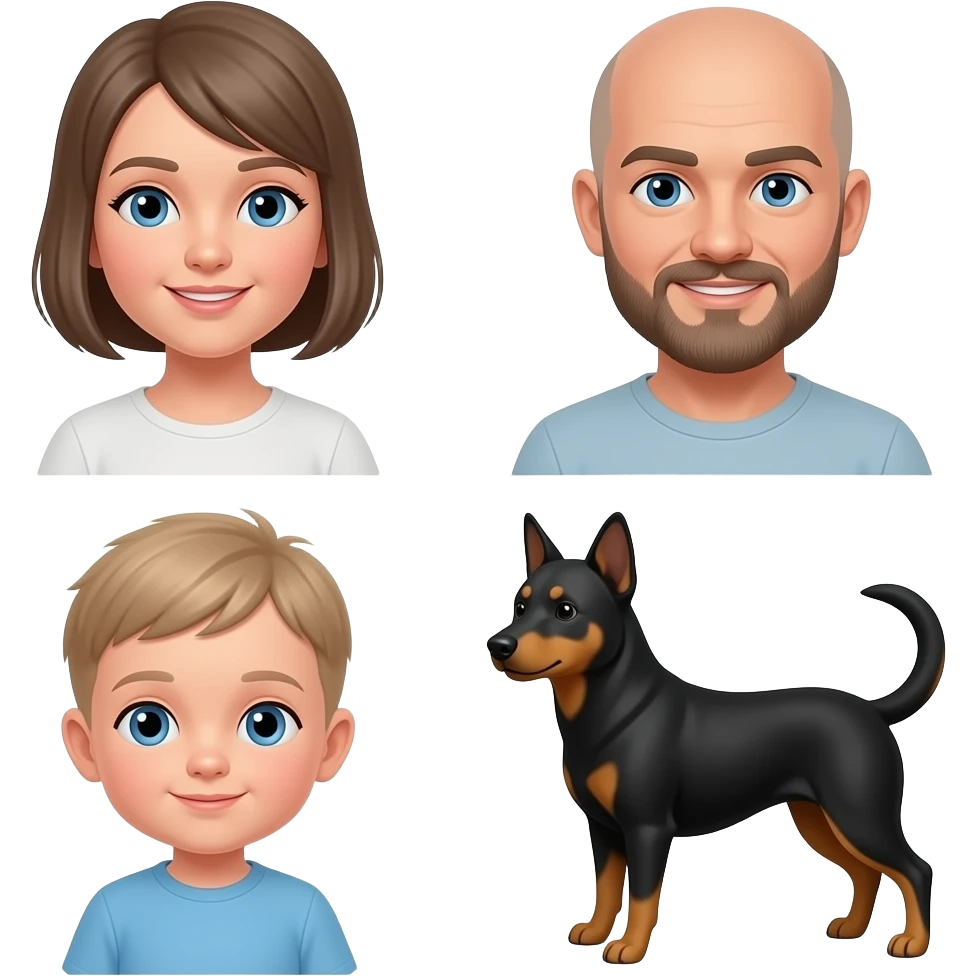 grey eyes woman with dark blond bob haircut and her boyfriend bald blue eye man with beard, her little shiatsu black dog and her 1 year son with short blond hair emoji