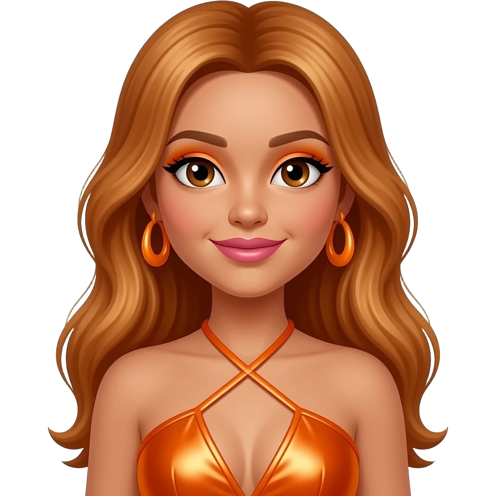 SayDazzle from The Next Kidz with medium skin, brown eyes, long ginger blonde hair, orange eyeshadow, pink lipstick, orange metallic halter dress, orange earrings emoji